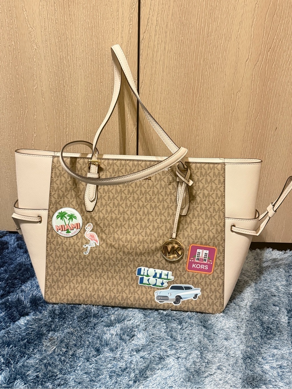 Michael Kors Brown Signature Tote with Cream Trim and Travel Patch Accents